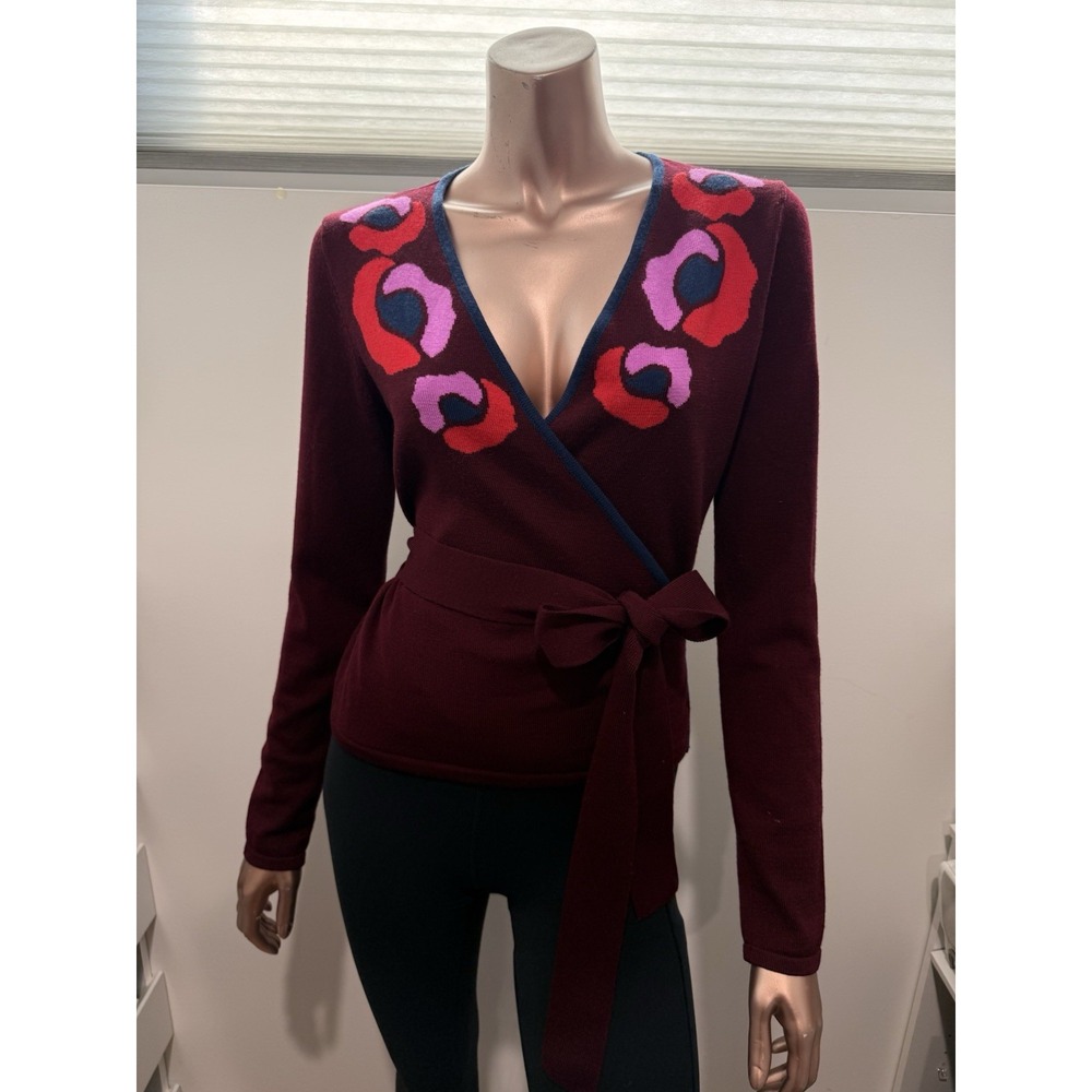$495 Diane Von Furstenberg Vintage Wool Floral Retro Wrap Cardigan With Tie/S